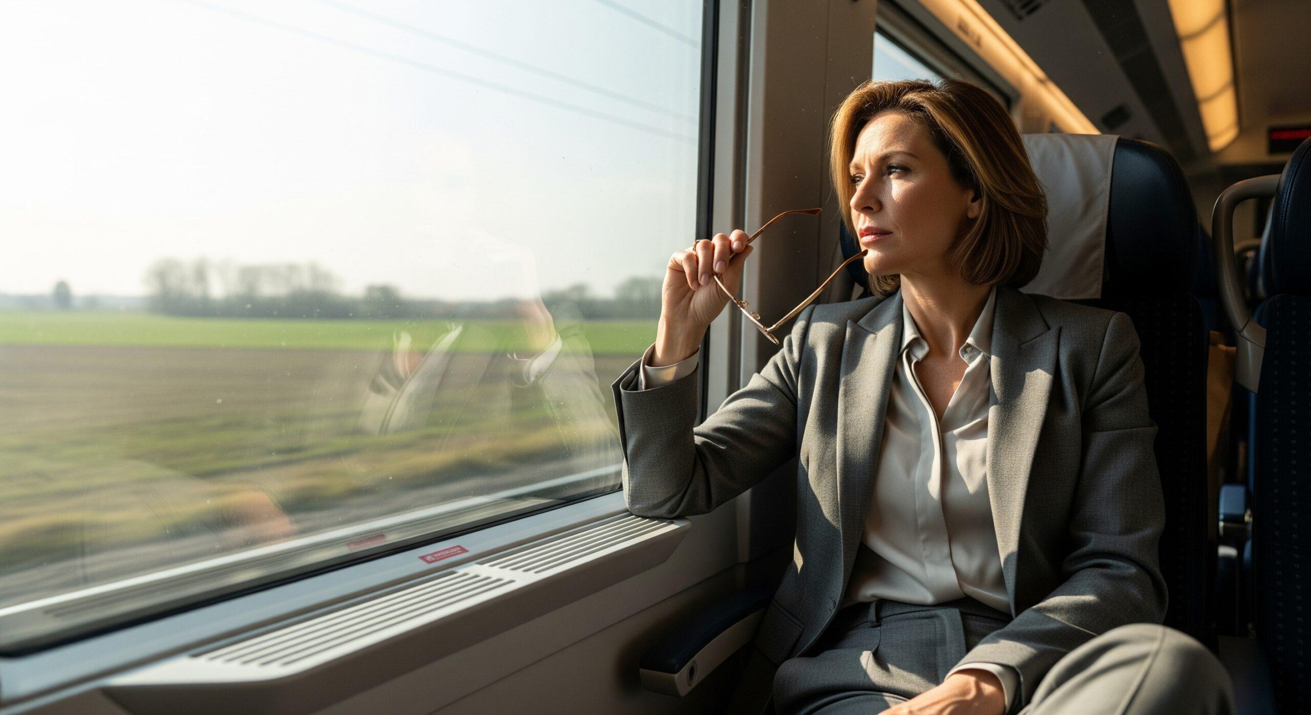Eine Frau schaut im Zug aus dem Fenster.